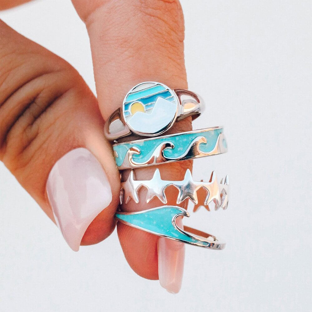 Ocean Blue Waves Ring Set